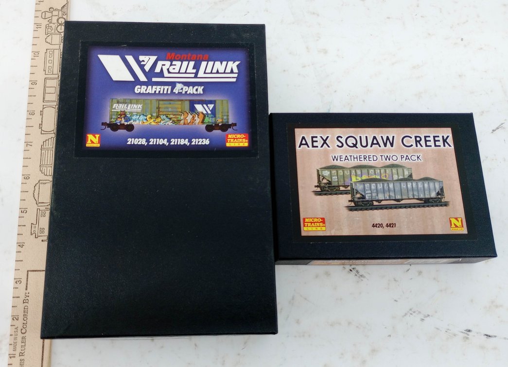 MICRO-TRAINS N SCALE MONTANA RAIL LINK GRAFFITI 4-PACK & AEX SQUAW CREEK WEATHERED 2-PACK, 2 OBS INV 263331165