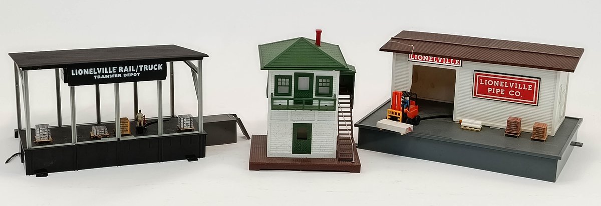 3 LIONELVILLE O GAUGE ACCESSORIES: RAIL/TRUCK TRANSFER DEPOT, PIPE CO. & SWITCH TOWER  INV 263350007