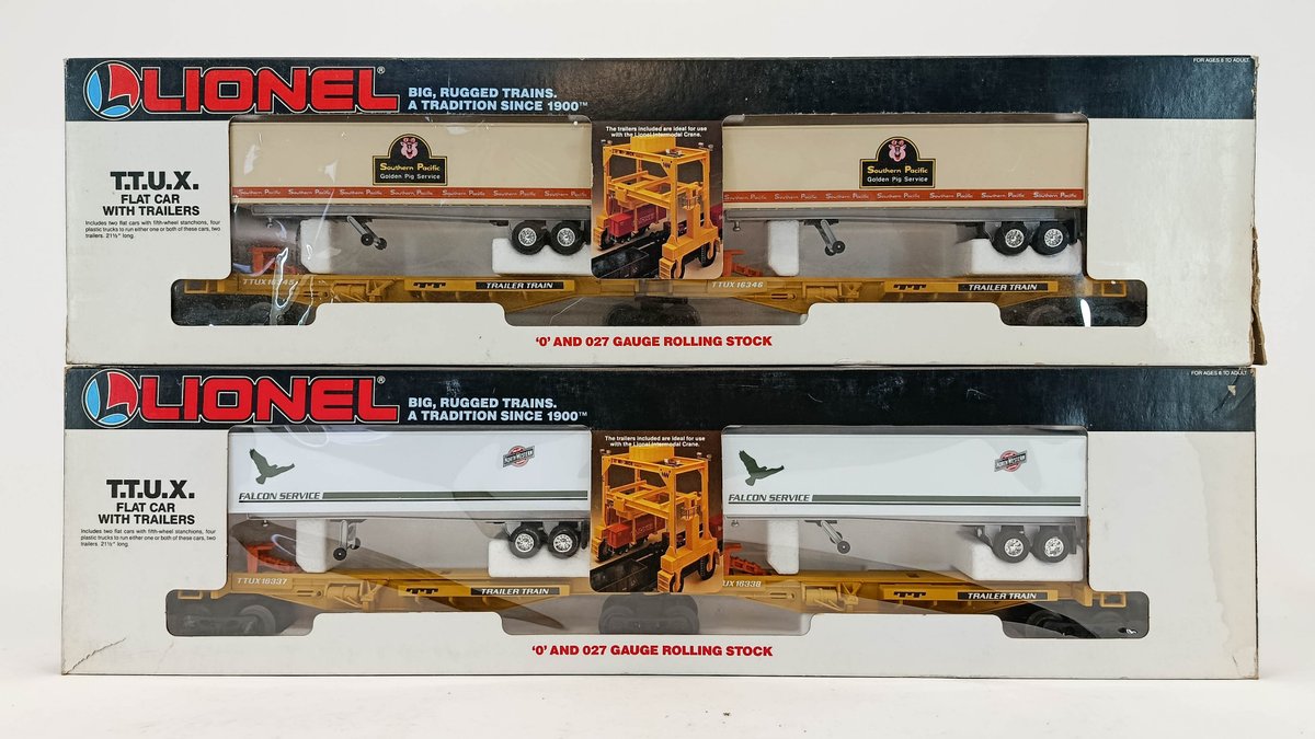 LIONEL 6-16345 SOUTHERN PACIFIC & 6-16322 SEALAND T.T.U.X. FLAT CARS W/ TRAILERS, 2 OBS  INV 263350015