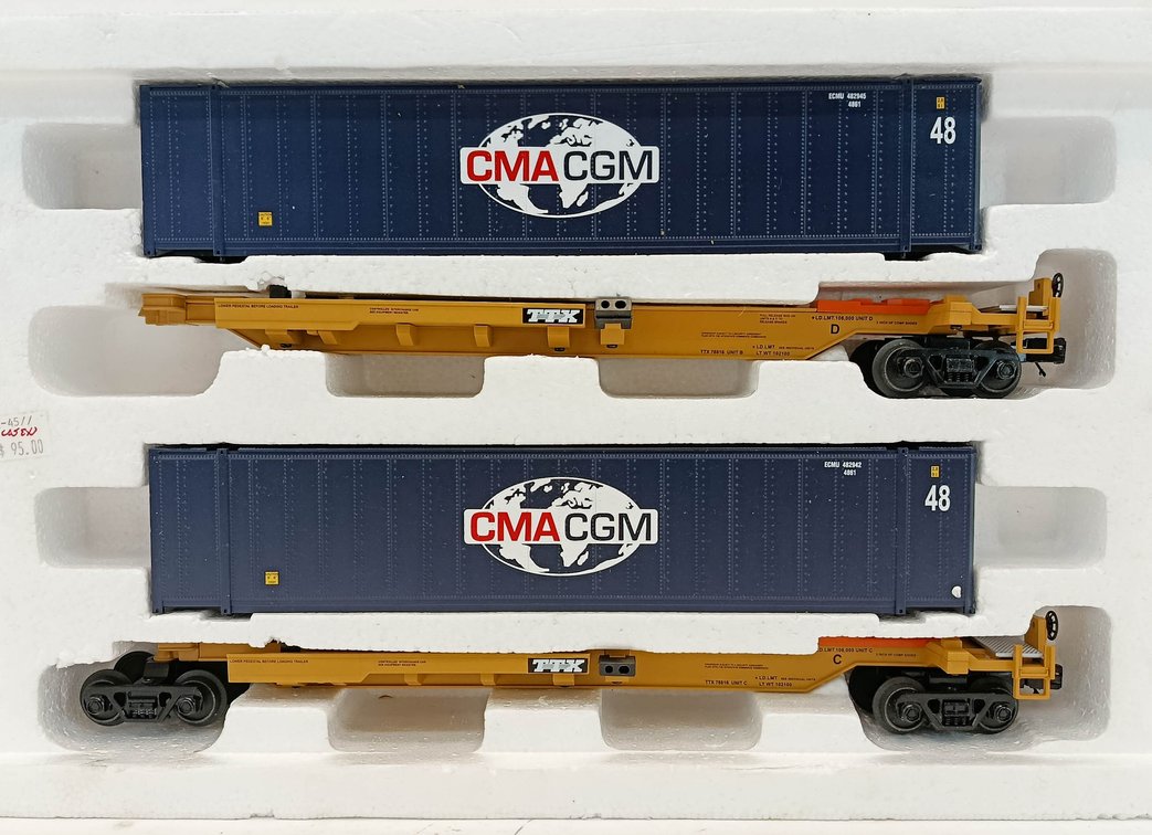 MTH 20-95066 CMA CGM 2-CAR SPINE CAR SET W/ 48FT CONTAINERS, OB  INV 263350021