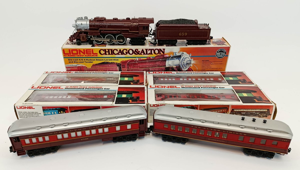 LIONEL O GAUGE CHICAGO & ALTON 4-6-4 HUDSON STEAM LOCOMOTIVE & TENDER W/ 4 ALTON LIMITED PASSENGER CARS, 5 OBS  INV 263350066