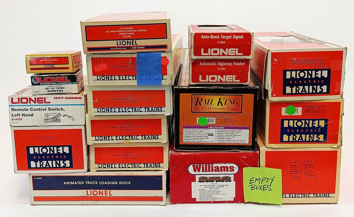 ASSORTED LIONEL, RAIL KING & WILLIAMS O GAUGE EMPTY BOXES, SWITCHES, LOCOMOTIVE & CAR BOXES, ALL EMPTY  INV 263350090