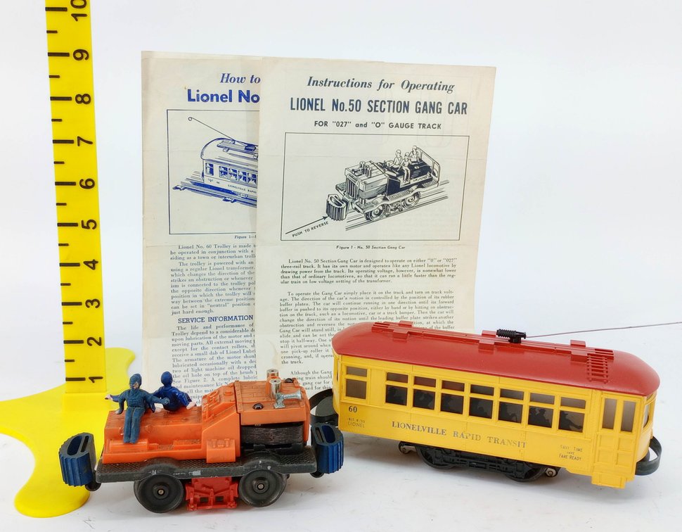 2 LIONEL O GAUGE 50 SECTION GANG CAR & 60 LIONELVILLE RAPID TRANSIT TROLLEY W/ INSTRUCTIONS  INV 263440006