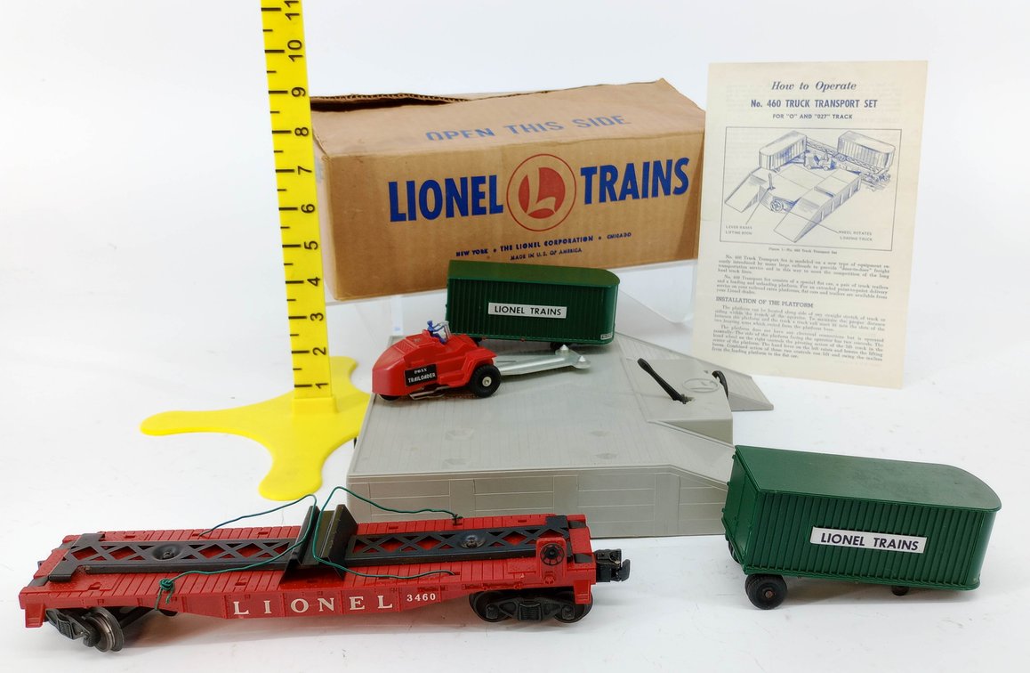 LIONEL O GAUGE 460 TRUCK TRANSPORT SET W/ 3460 FLATCAR, TRAILERS & PLATFORM, OB  INV 263440018