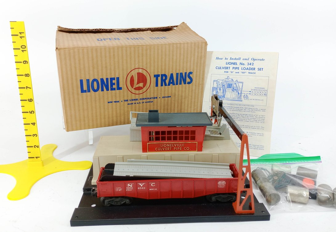LIONEL O GAUGE 342 NYC CULVERT PIPE LOADER SET W/ 6342 GONDOLA, OB  INV 263440019