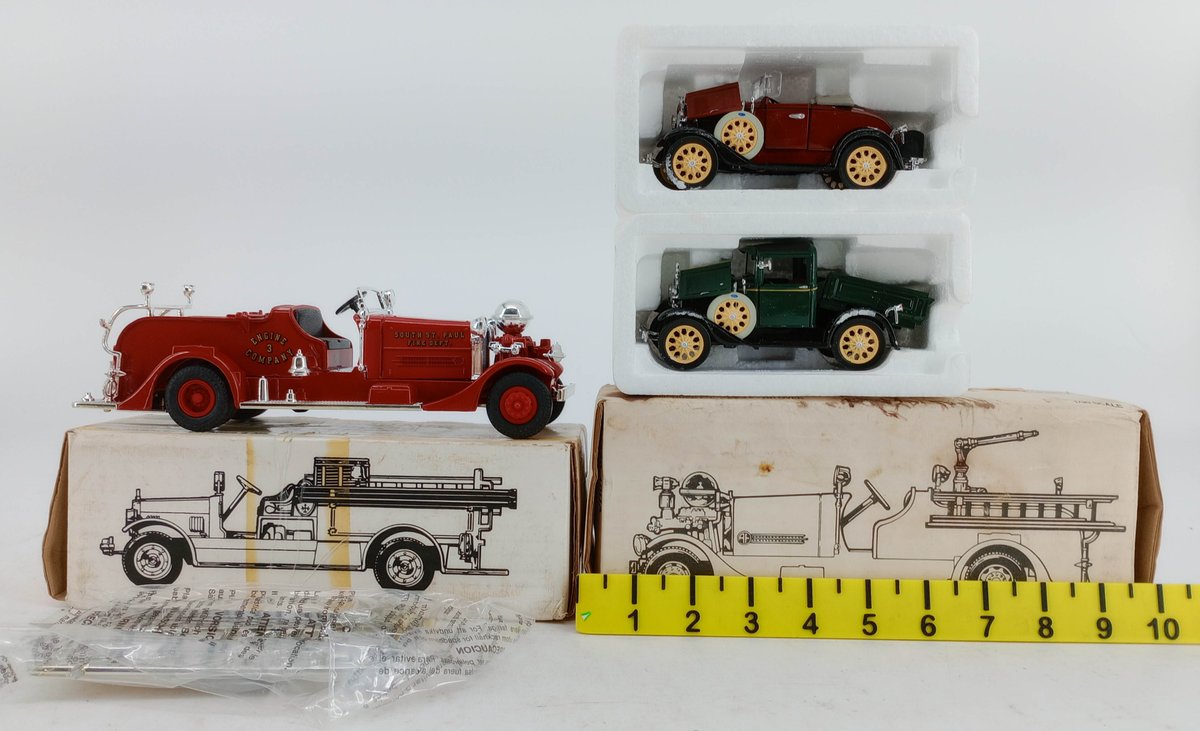4 ERTL DIE-CAST 1/30 SCALE FIRE TRUCK BANKS & 1931 FORD MODEL A PICKUP & COUPE 3 OB  INV 263450007