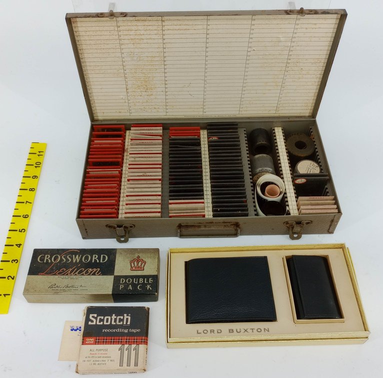 METAL CASE OF GLASS LANDSCAPE SLIDES & FILMS, BUXTON WALLET SET, DBL PACK CARDS & 1 RECORDING TAPE  INV 263460009