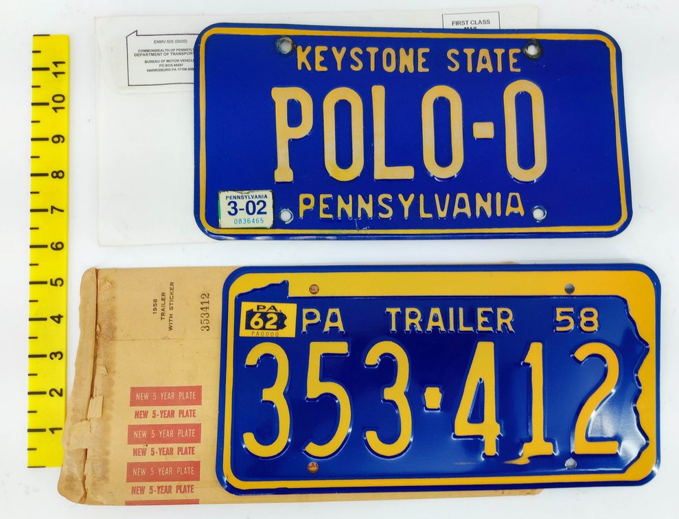2 PENNSYLVANIA LICENSE PLATES 1958 TRAILER 353-412 OB & KEYSTONE STATE POLO-0 2002 WITH ENVELOPES  INV 263460016