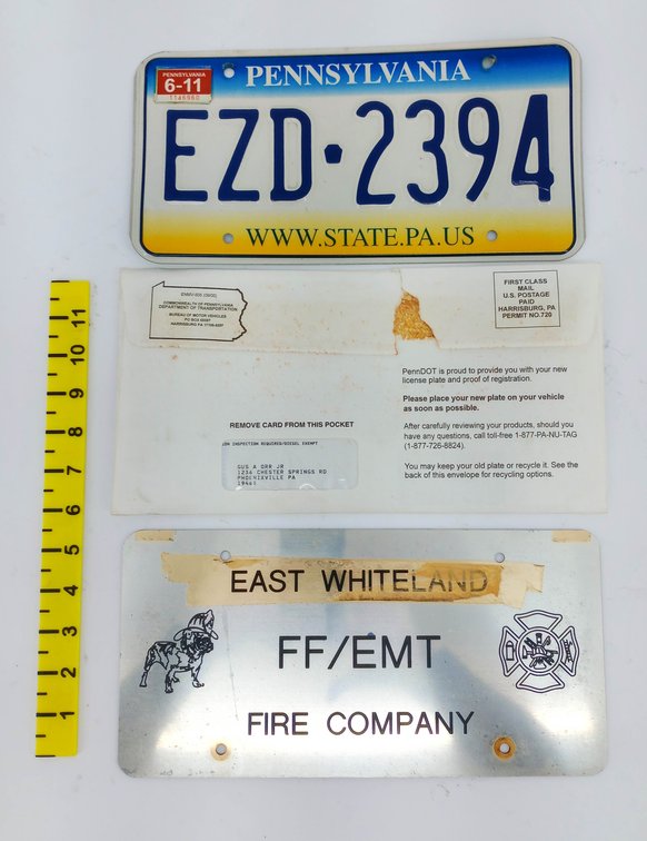 3 PENNSYLVANIA LICENSE PLATES EZD-2394 ESB-6295 & EAST WHITELAND FIRE CO FF/EMT PLATE WITH PENNDOT ENVELOPES  INV 263460015