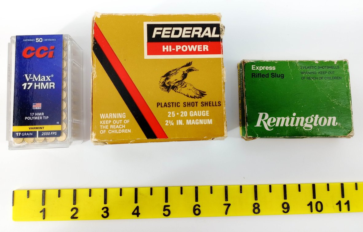 3 BOXES AMMO CCI V-MAX 17 HMR FEDERAL HI-POWER 20 GAUGE & REMINGTON EXPRESS RIFLED SLUG  INV 263510004