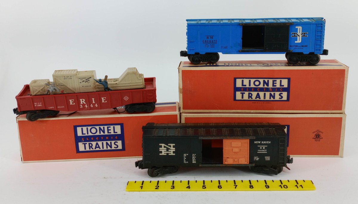 3 LIONEL O GAUGE 3444 ERIE GONDOLA & 6464-475 B&M, 6464-425 NEW HAVEN BOXCARS, 3 OBS  INV 263520005