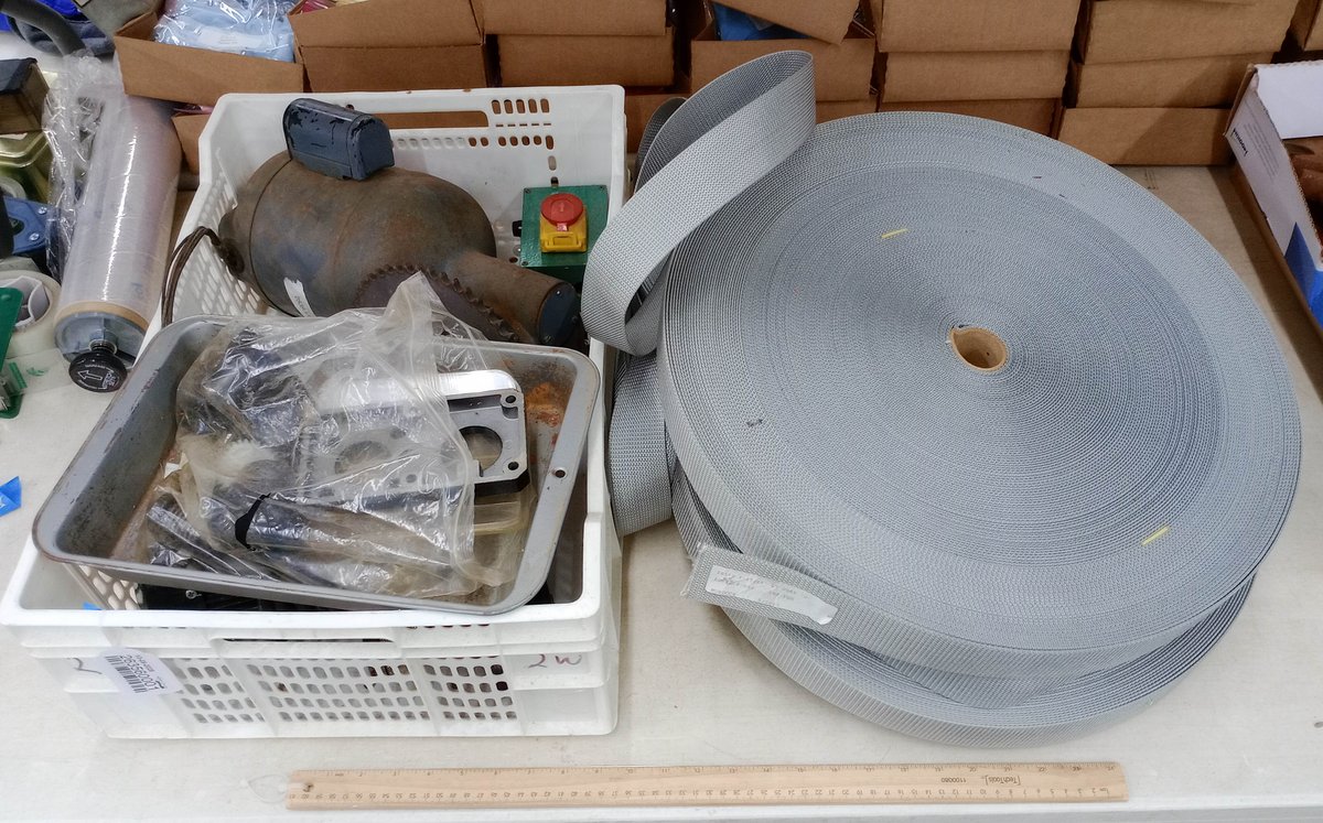 3 ROLLS LT GRAY NYLON WEBBING 1-15/16IN MURDOCK & DORNER GEARMOTOR, RUSTY MOTOR WITH SAW BLADE, SAFETY SWITCH BOX  INV 263560001