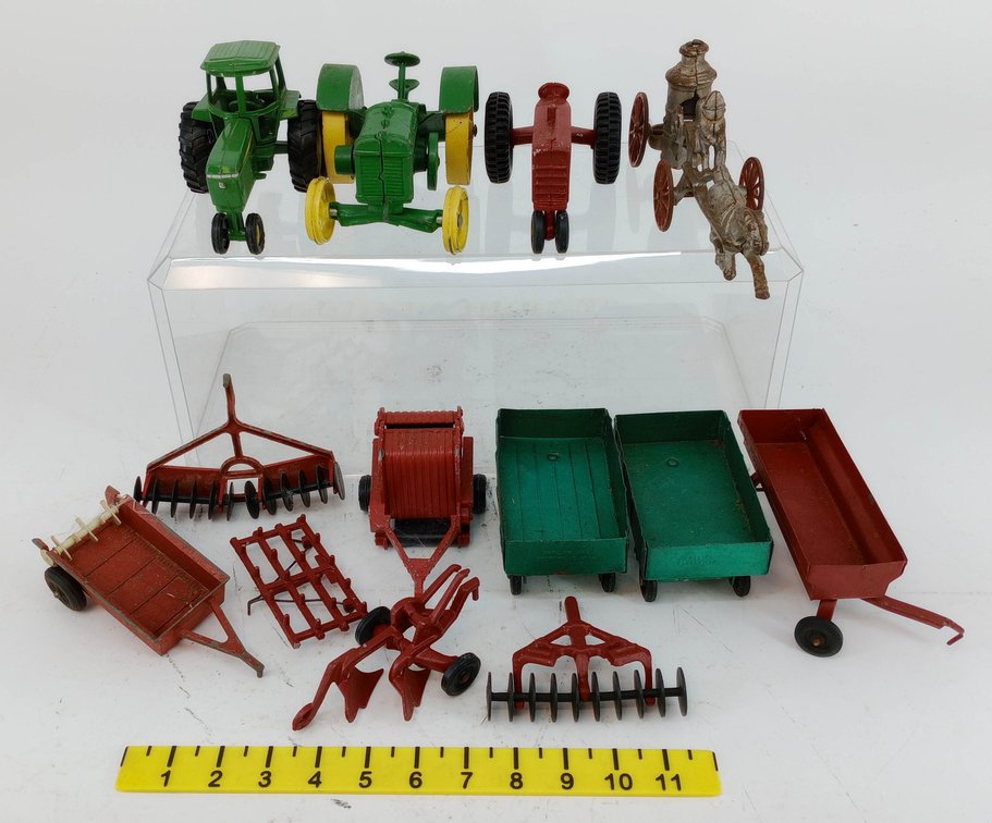 ERTL & OTHER ASSORTED DIE-CAST & CAST IRON FARM TOYS 3 TRACTORS HORSE DRAWN FIRE PUMPER WAGONS PLOWS DISCS & IMPLEMENTS  INV 263560009