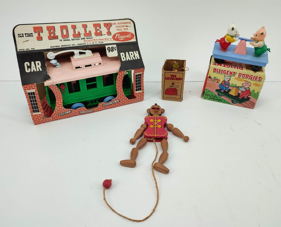 TOYS 4 TOYS PLAYWELL OLD TIME TROLLEY NO. 725 & DILIGENT PORGIES FRICTION POWERED 401 & THE LITTLE KING & MONKEY BABY TOY  INV 262380669