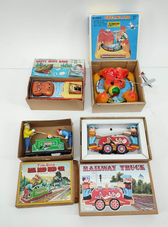 TOYS 4 TOYS TIN TOYS HAPPY HIPPO BANK OB, TOM & DICK RR HAND CAR OB, RAILWAY HAND CAR OB, DREAMLAND OB AS IS  INV 262380670