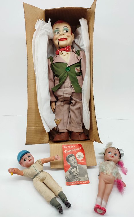 TOYS VINTAGE 1960'S JERRY MAHONEY VENTRILOQUIST DUMMY BY PAUL WINCHELL OB & 2 CARNIVAL DOLLS ROUGH  INV 262380674