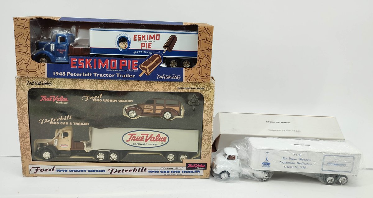 TOYS 3 VEHICLE ERTL ESKIMOPIE 1948 TRACTOR TRAILER, TRUE VALUE 1940 WOODY WAGON FORD, 48' CAB & TRAILER, TCA 1990 TRUCK OBS  INV 262380683