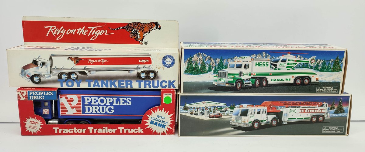 TOYS 4 TOY TRUCKS 2- HESS FIRE TRUCK & TOY TRUCK & HELICOPTER OBS, PEOPLES DRUG TRACTOR TRAILER, EXXON TANKER TRUCK OBS  INV 262380681