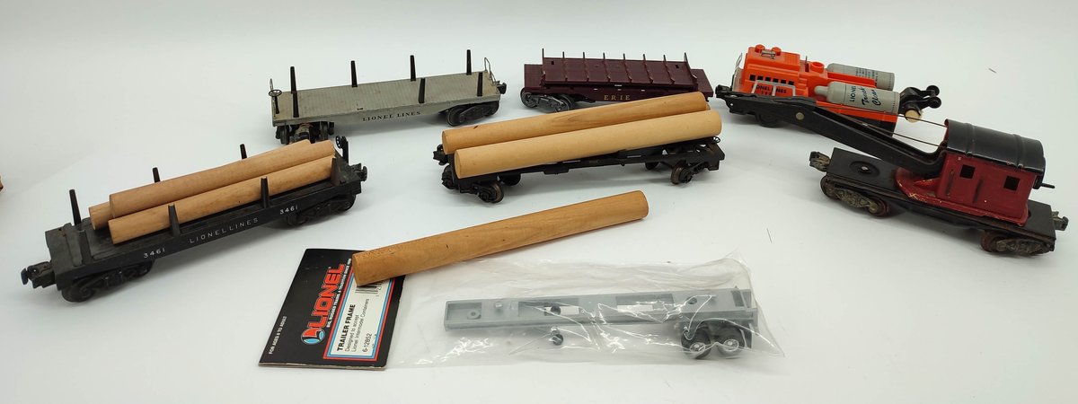 TRAINS 7 PC LIONEL O VINTAGE TRAIN CARS CRANE CAR 56, LOG CAR 3461, MAINTANCE CAR 927, FLATCAR OTHERS MIXED LOT  INV 262380708