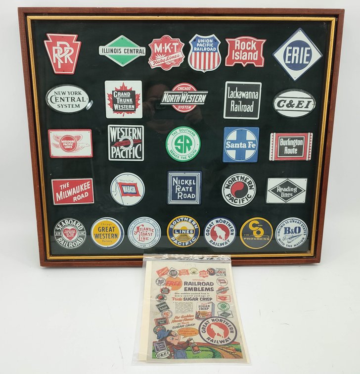 FRAMED RAILROAD EMBLEMS SET OF 28 1950'S POSTS SUGAR CRISP CEREAL  INV 262380721