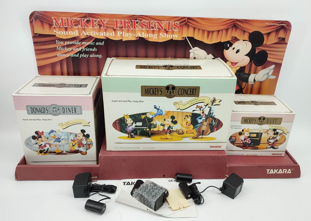 VINTAGE DISNEY SOUND ACTIVATED PLAY-ALONG TOYS BY TAKARA MICKEYS CONCERT, MICKEYS DUET, DONALDS DINER OBS PLUS DISPLAY  INV 262380722