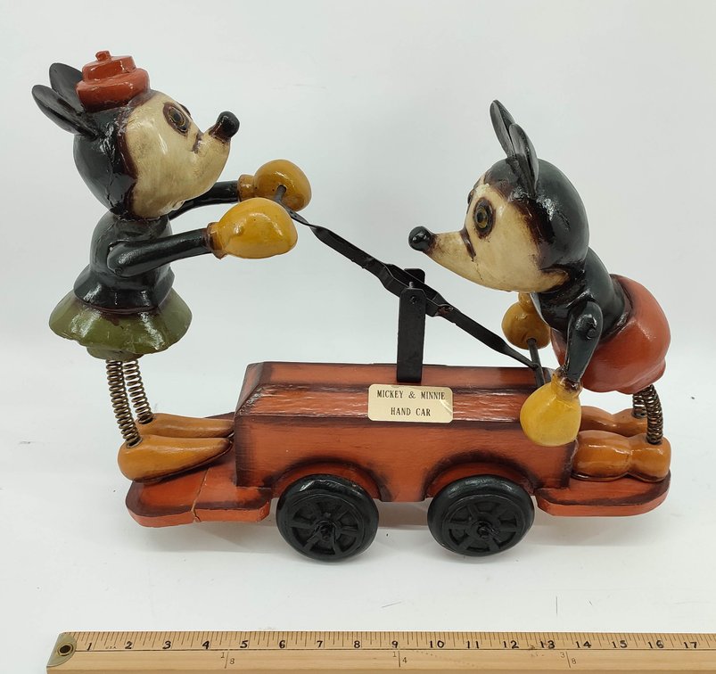 MICKEY MOUSE & MINNIE MOUSE WOODEN HAND CAR APPROX. 20"X16" MINNIES PLATFORM IS CRACKED NEEDS REPAIRED  INV 262380723