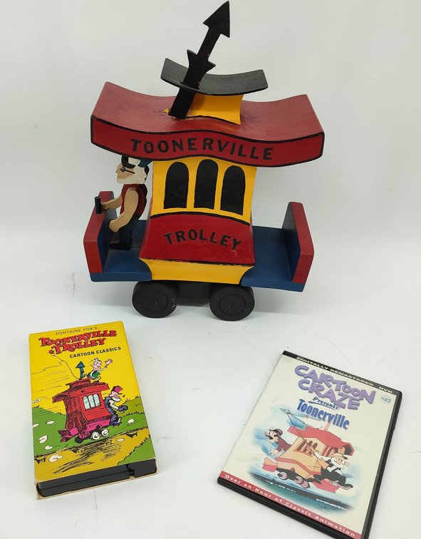 WOODEN TOONERVILLE TROLLEY 10"X 14.5" & VHS & DVD CARTOONS  INV 262380725