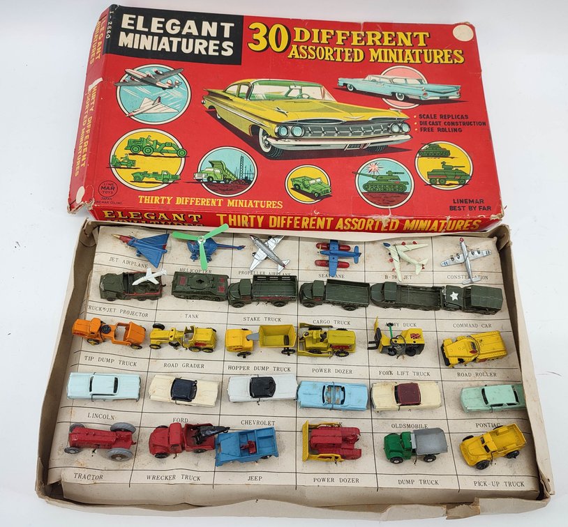 ELEGANT MINIATURES 30 DIFFERENT ASSORTED VEHICLES LINE MAR TOYS JAPAN IN BOX IS ROUGH OB  INV 262380730