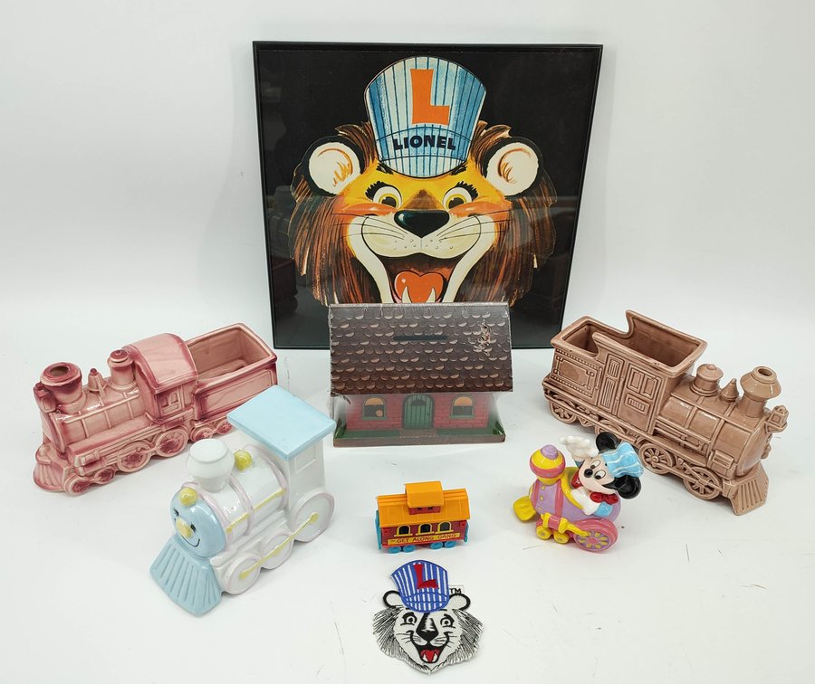 LIONEL LION FRAMED PICTURE & PATCH, RR STATION BANK, TRAIN PLANTERS, MICKEY TRAIN &  FIGURE, OTHER  INV 262380729