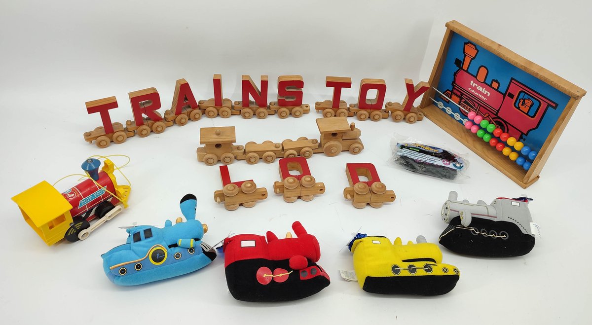 ASSORTMENT OF TRAIN TOYS F/P TOOT-TOOT, WOODEN TRAIN SET, TRAIIN COUNTER, STUFFIES  INV 262380737