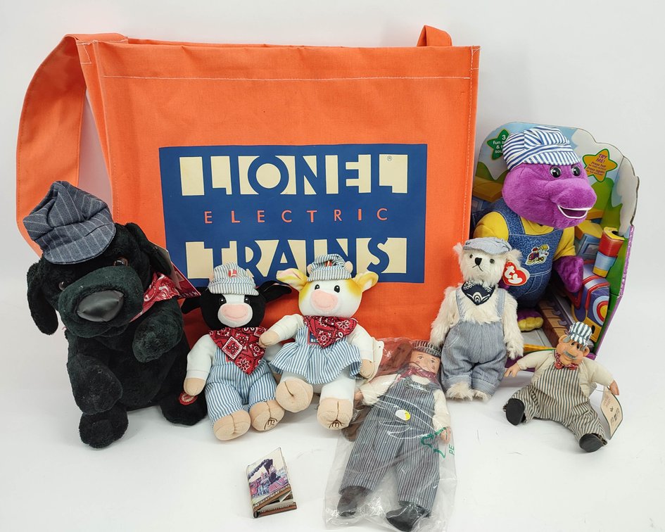 TOYS 8PC STUFF CONDUCTORS, LIONEL COWS, PUPPY W/MINI BOOK , TY BEAR, BARNEY  INV 262380744