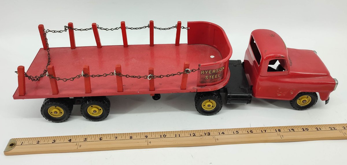 TOYS VINTAGE TRU-SCALE INTERNATIONAL RYERSON STEEL PRESSED STEEL SEMI-TRUCK WITH STAKE BED TRAILER  INV 262380761