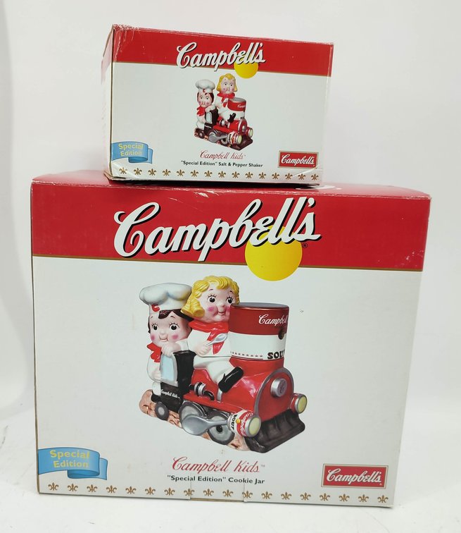 2 CAMPBELL'S KIDS ALL ABOARD SPECIAL EDITION COOKIE JAR & SALT & PEPPER SHAKER SET OBS  INV 262380766