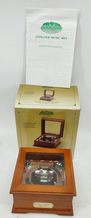 COLLECTIBLE WOOD MUSIC BOX WITH MINIATURE ANIMATED TRAIN CANNONBALL EXPRESS GOLD LABEL COLLECTION OB  INV 262380770