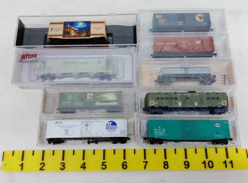 9 ASSORTED MICRO-TRAINS & ATLAS N SCALE FREIGHT CARS & HOSPITAL CAR, 9 OBS INV 263331958