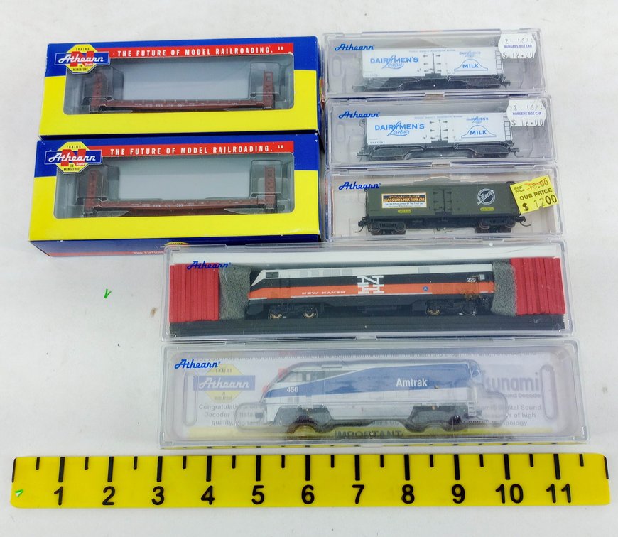7 ATHEARN N SCALE LOCOMOTIVES & FREIGHT CARS, AMTRAK, NEW HAVEN, MILK CARS, 7 OBS INV 263331960