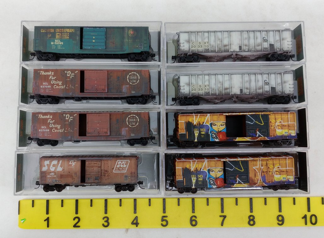 8 MICRO-TRAINS N SCALE WEATHERED SCL BOXCARS, CSX HOPPERS & GRAFFITI CARS, 8 OBS INV 263331961