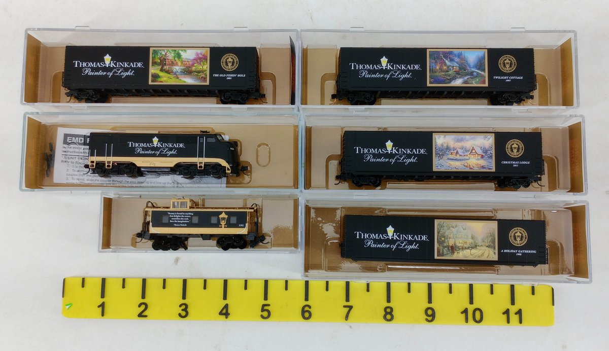 6 N GAUGE THOMAS KINKADE PAINTER OF LIGHT LOCOMOTIVE, CABOOSE & 4 BOXCARS, 6 OBS INV 263331972