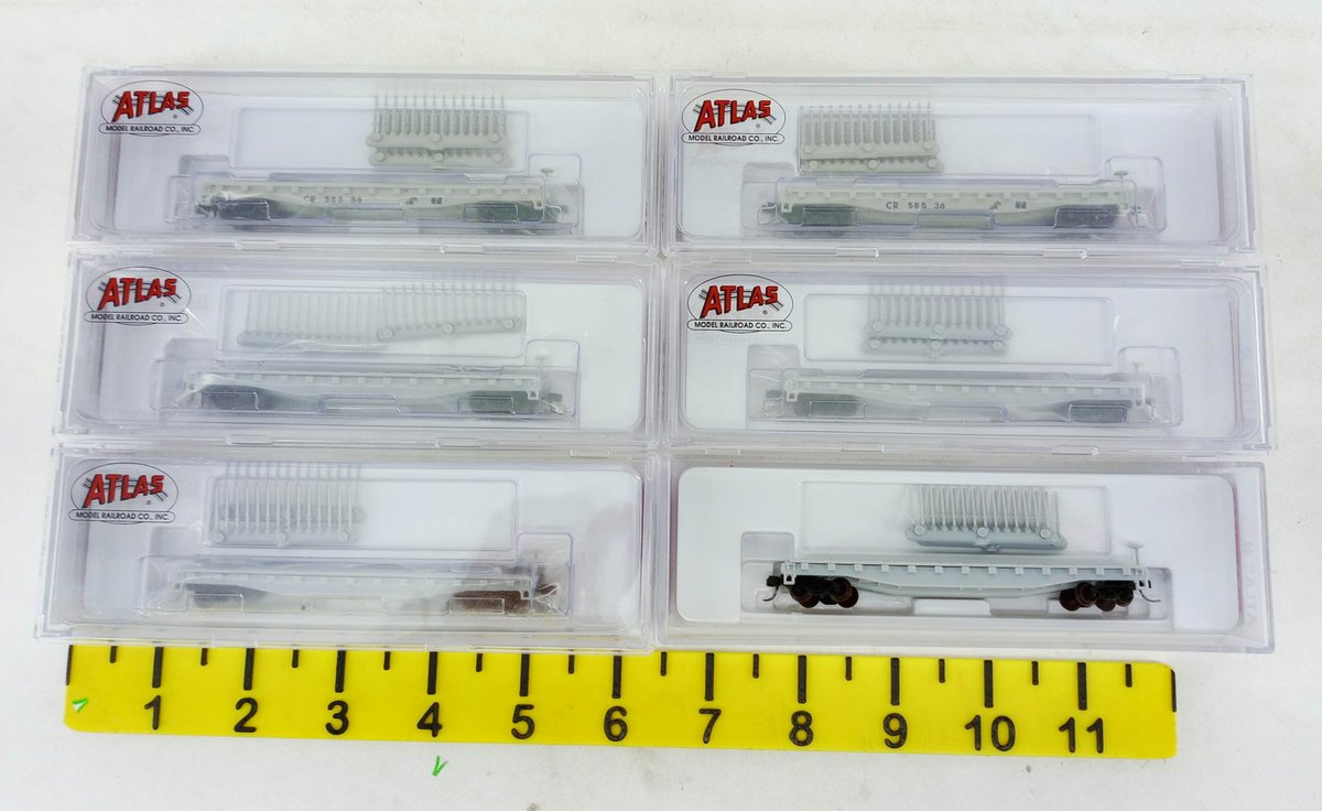 6 ATLAS N 50FT FLAT CARS W/ STAKES CONRAIL & UNDECORATED, 6 OBS INV 263331985