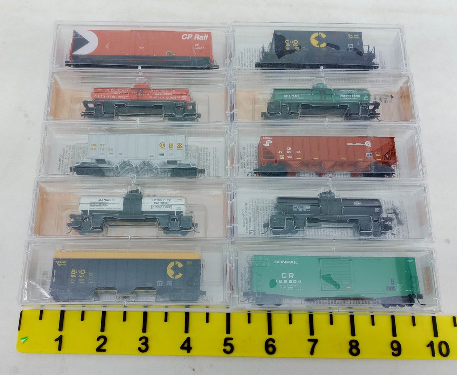 10 MICRO-TRAINS N SCALE ASSORTED CONRAIL, CSX, CP, B&O & CHESSIE FREIGHT CARS, 10 OBS INV 263331987