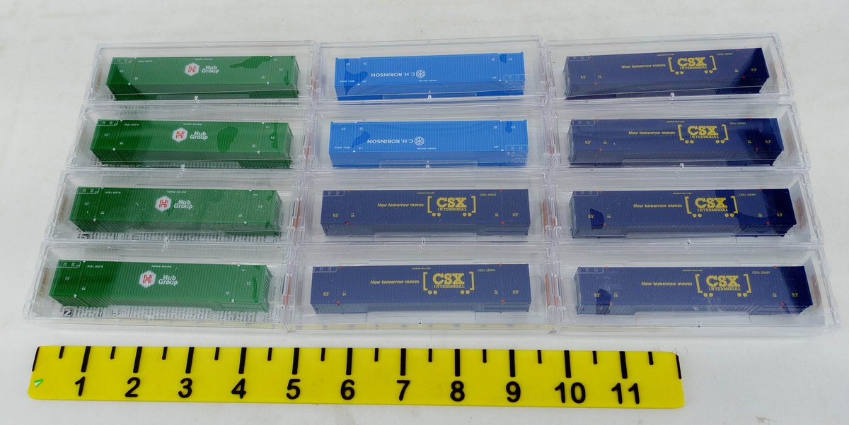 12 MICRO-TRAINS N SCALE 53' CONTAINERS CSX, HUB GROUP, CH ROBINSON & 2 PICKUP TRUCKS, SOME OBS INV 263331998