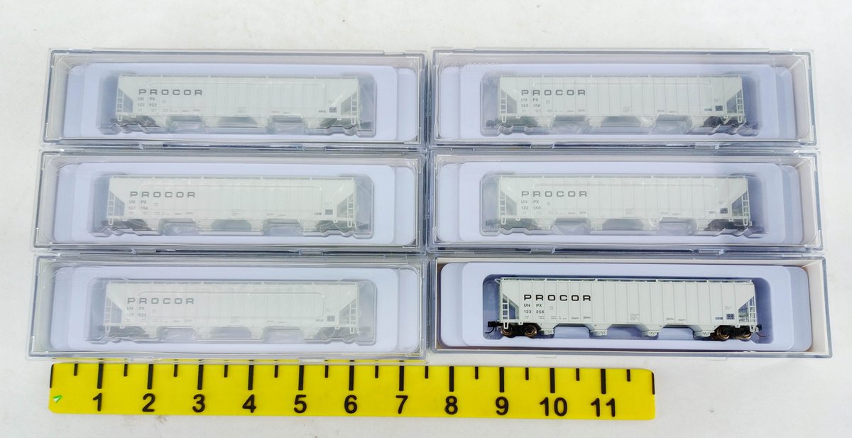 6 N SCALE PROCOR UNPX 3-BAY COVERED HOPPERS, 6 OBS INV 263332002