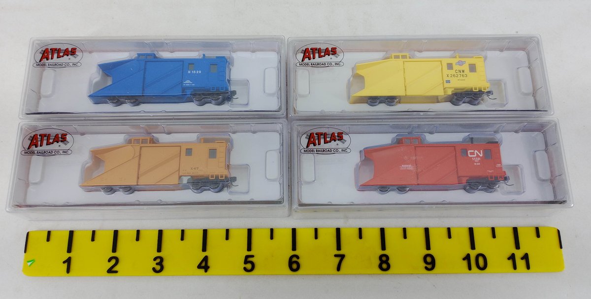 4 ATLAS N SCALE RUSSELL SNOW PLOWS CN, CNW, GREAT NORTHERN & RIO GRANDE, 4 OBS INV 263332004