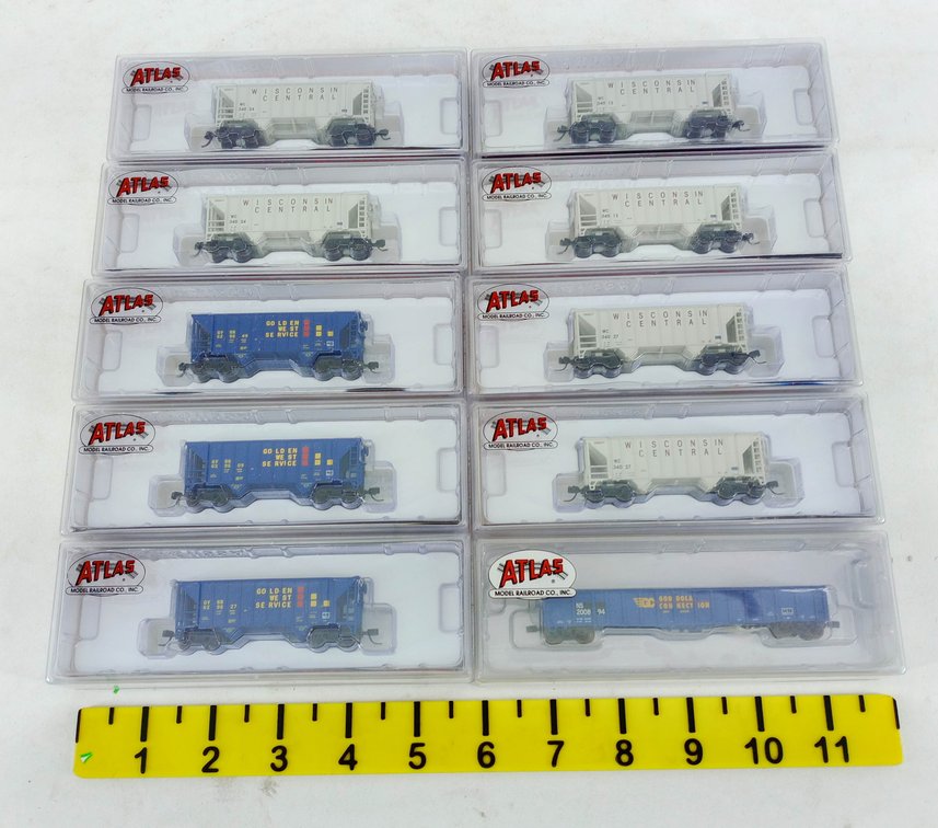 ASSORTED ATLAS N SCALE WISCONSIN CENTRAL & GOLDEN WEST HOPPERS & GONDOLA, 10 OBS INV 263332003