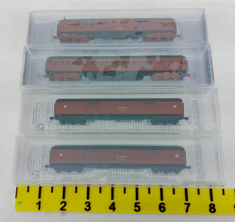 4 MICRO-TRAINS LINE N SCALE PRR PASSENGER CARS, 2 BAGGAGE 147 00 360 & 2 MOW INSTRUCTION, 4 OBS INV 263332011