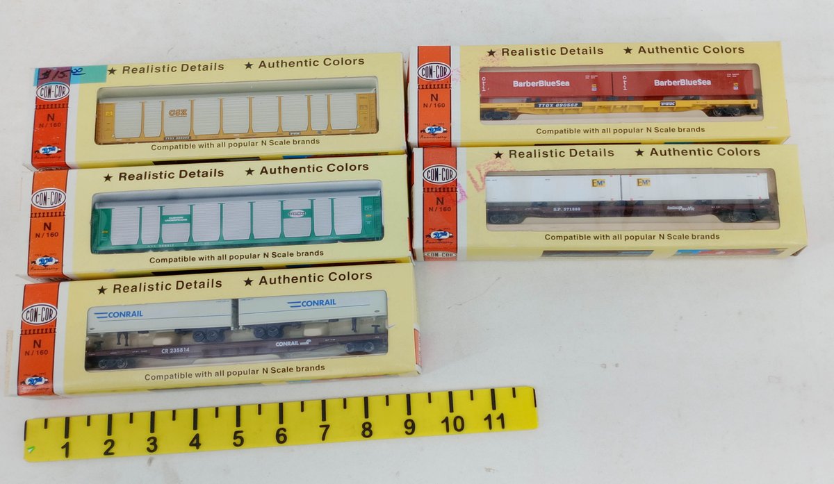 5 CON-COR N SCALE CONRAIL, CSX, NYC, SP & TTX FLATCARS & AUTO RACKS, 5 OBS  INV 263332028