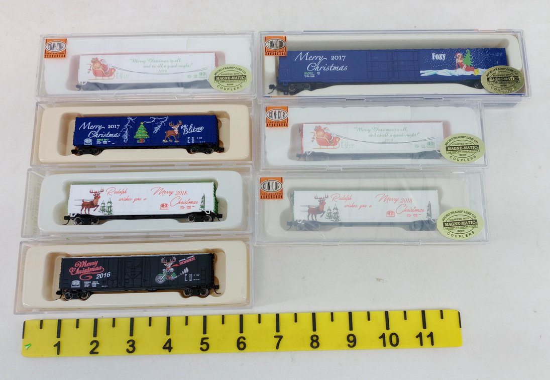 7 CON-COR N SCALE CHRISTMAS BOXCARS 2016-2018, 7 OBS  INV 263332029
