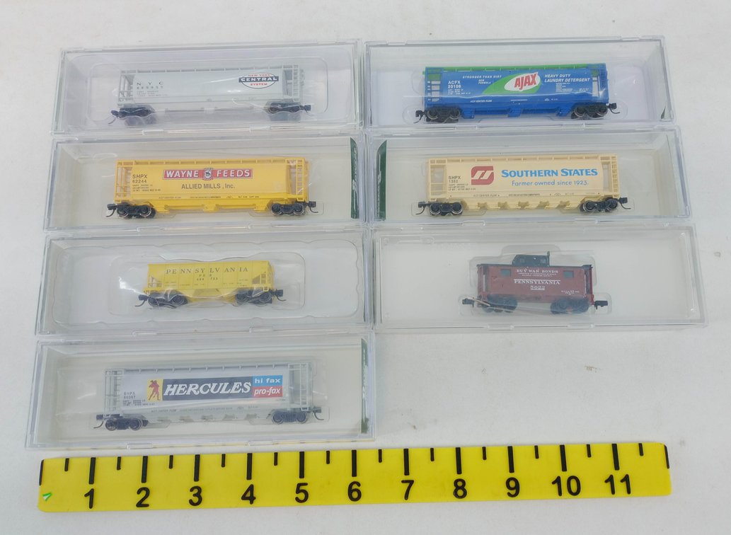7 BOWSER N SCALE HOPPERS & CABOOSE, PENNSYLVANIA, HERCULES, AJAX, WAYNE FEEDS, 7 OBS  INV 263332037