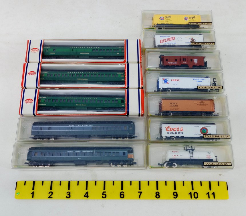 12 ASSORTED MODEL POWER N SCALE PASSENGER CARS, REEFERS, TANK & CABOOSE, SOME OBS  INV 263332038