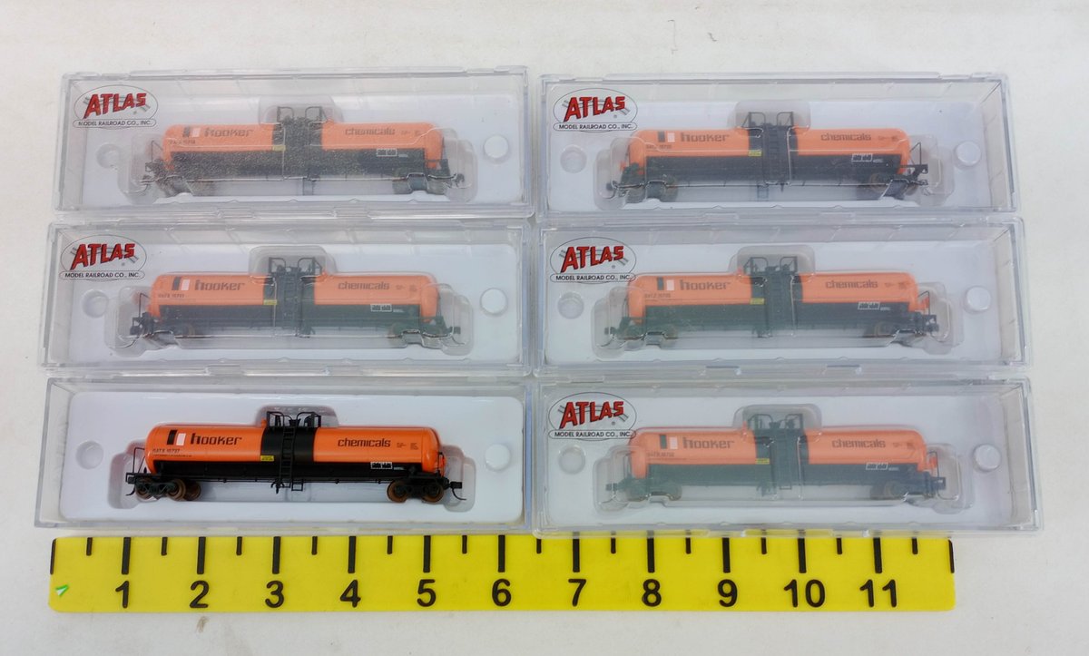 6 ATLAS N SCALE HOOKER CHEMICALS GATX 20, 700 GAL TANK CARS, 6 OBS  INV 263332042